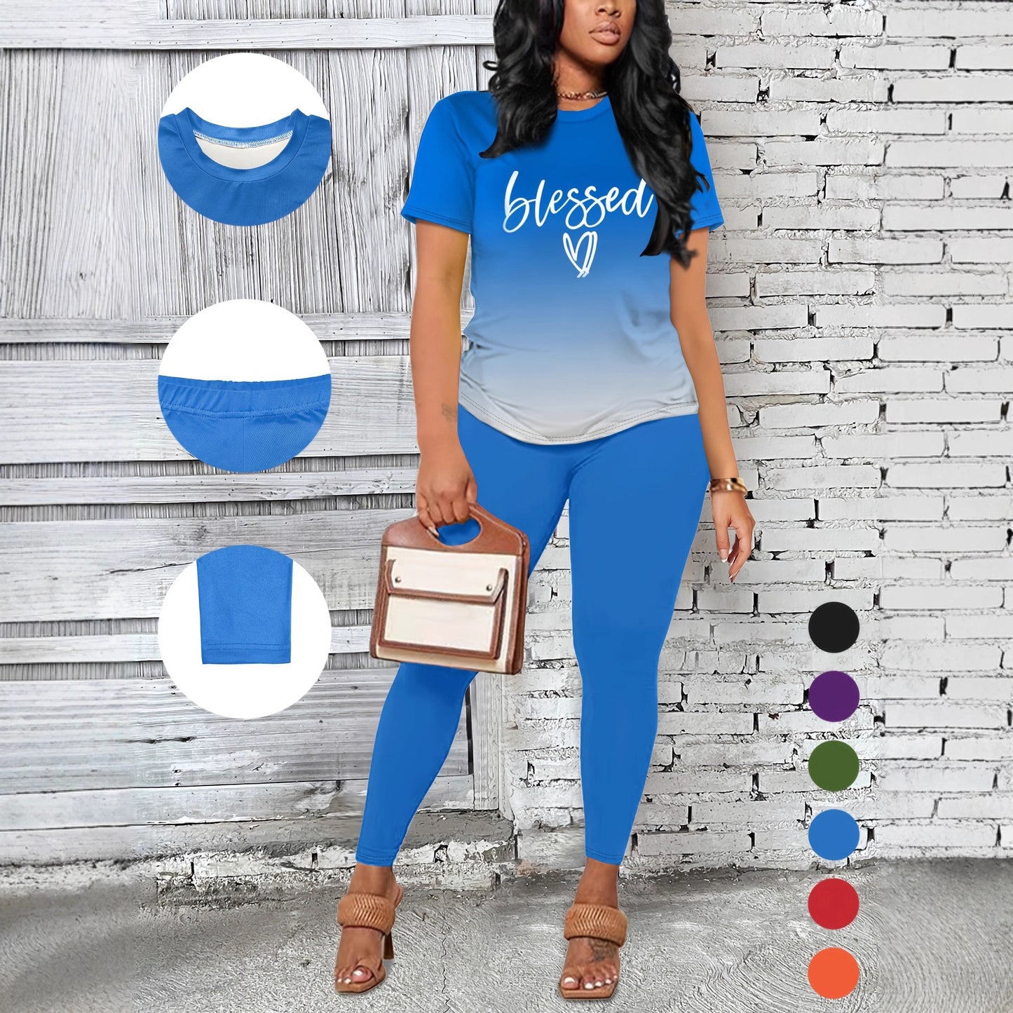 VVZ Women's Gradient Print T-Shirt and Slim-Fit Leggings Two-Piece Se