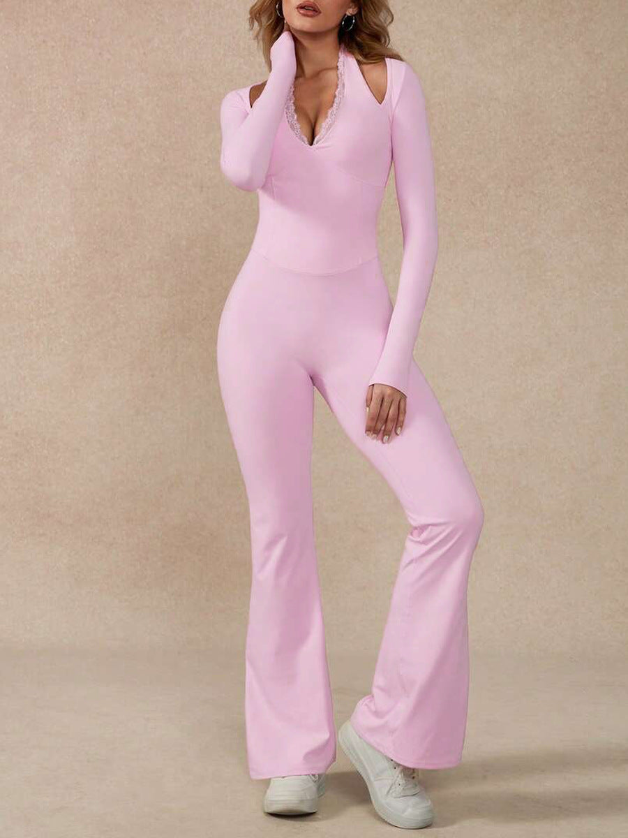 VVZ Women's Long-Sleeve Lace-Trim Halter Jumpsuit