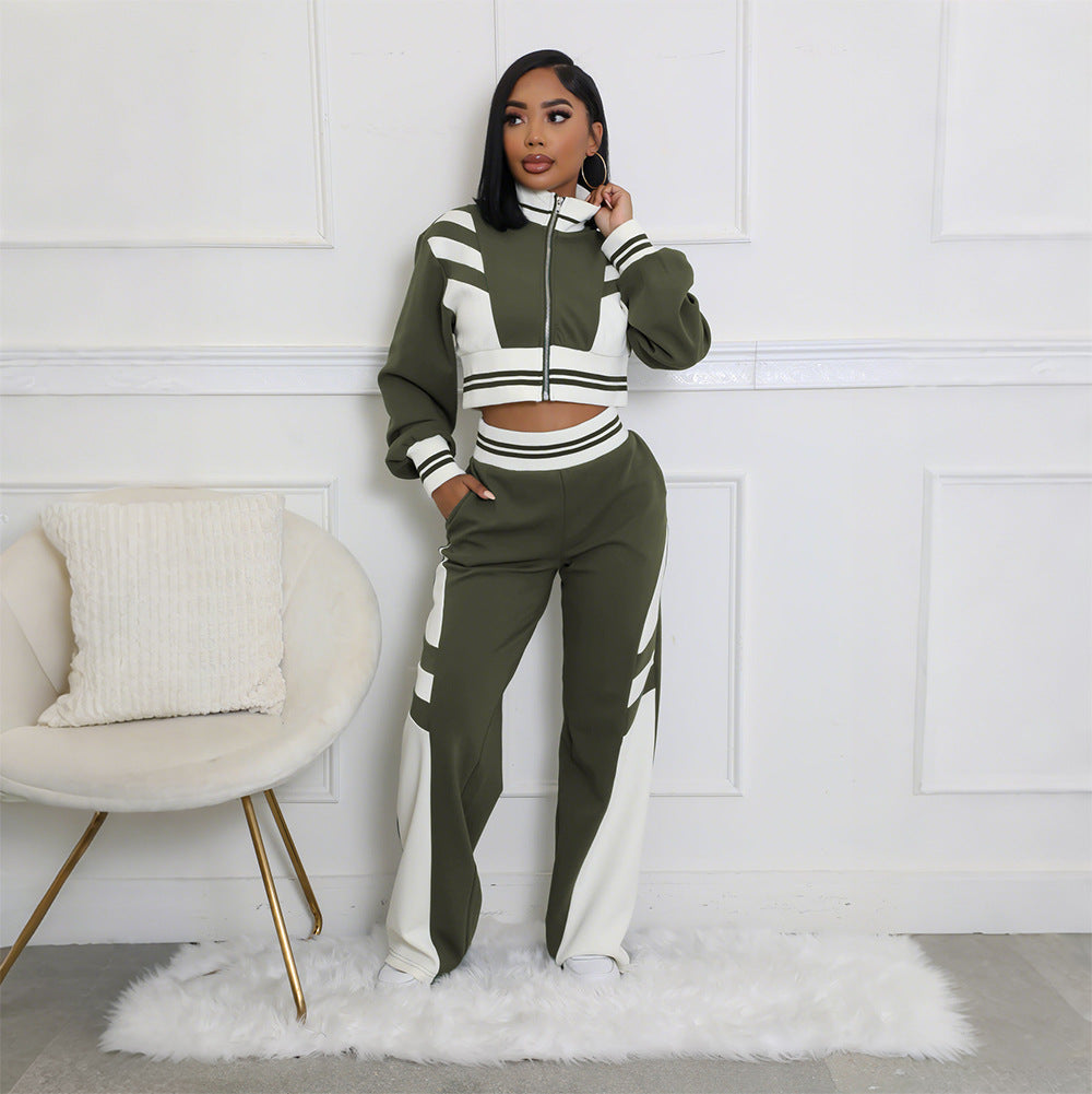 VVZ Women's Colorblock Print Zip Up Crop Jacket & Pants Two-piece Set