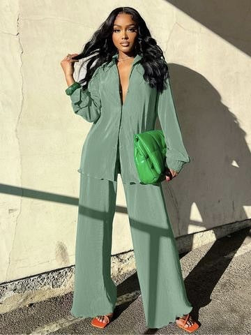 VVZ Women's Solid Button Front Shirt & Elastic Waist Pants Two-piece Set