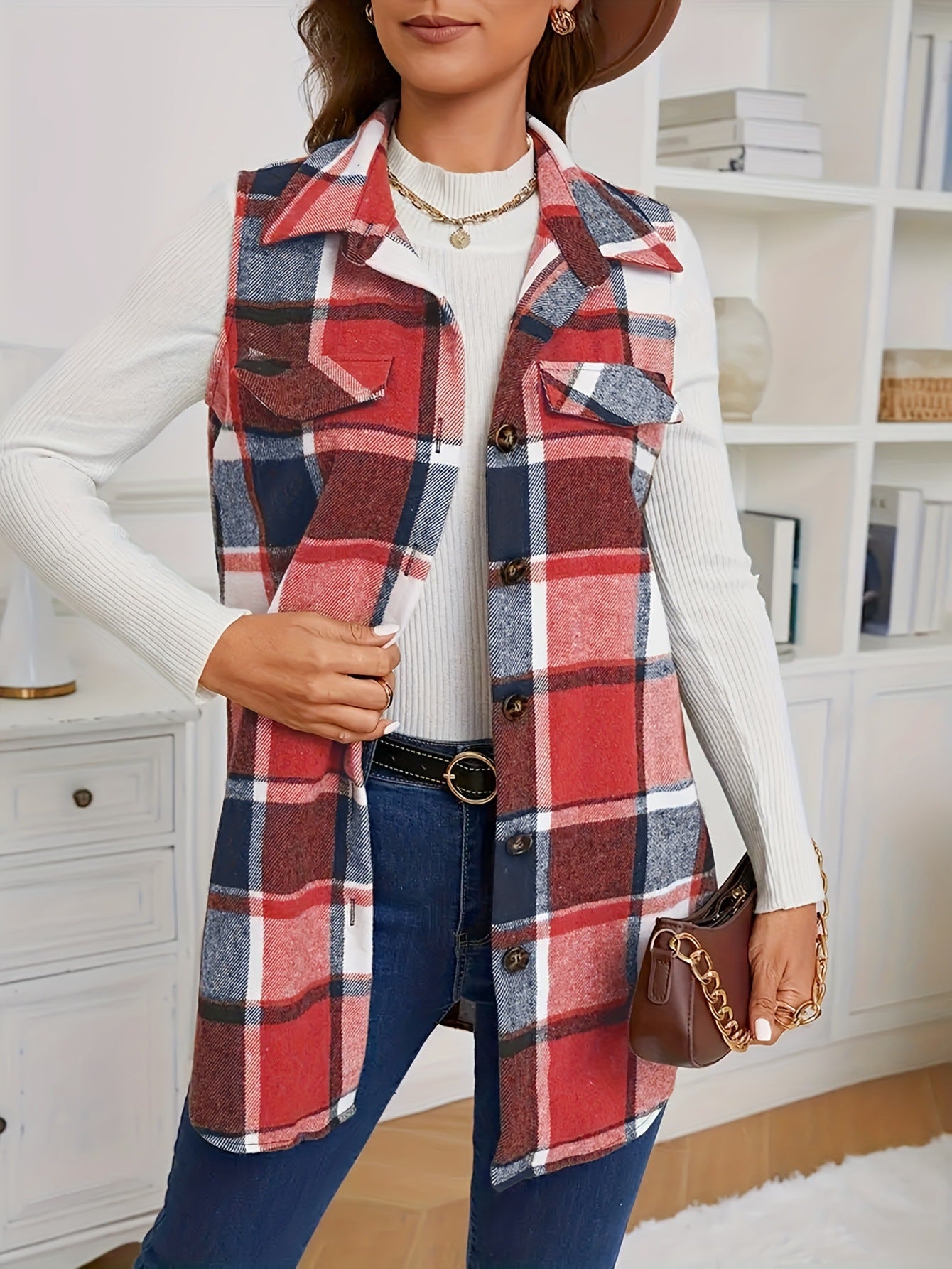 VVZ Women's Plaid-Print Button-Front Vest Coat