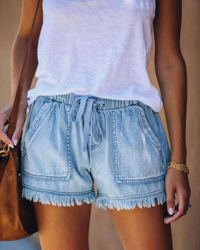VVZ Women's Plain Drawstring Waist Denim Shorts