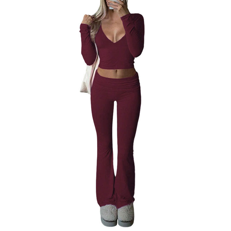 VVZ Slim-Fit Crop Top & Pants Two-Piece Set, Solid Color V-Neck Long Sleeve