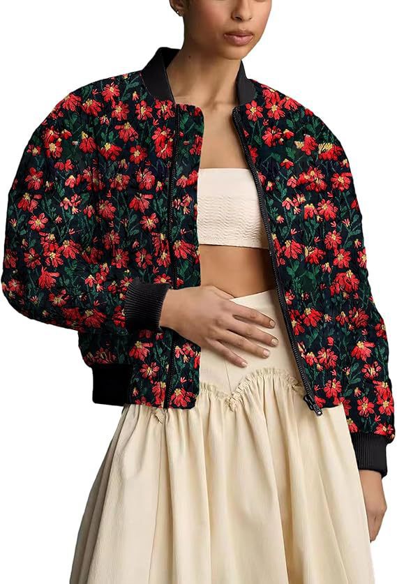 VVZ Women's Ramie Linen Embroidered Daisy Cropped Bomber Jacket