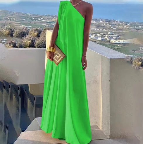 VVZ Loose-Fit, Asymmetrical, Solid-Color, Slit, One-Shoulder Maxi Dress