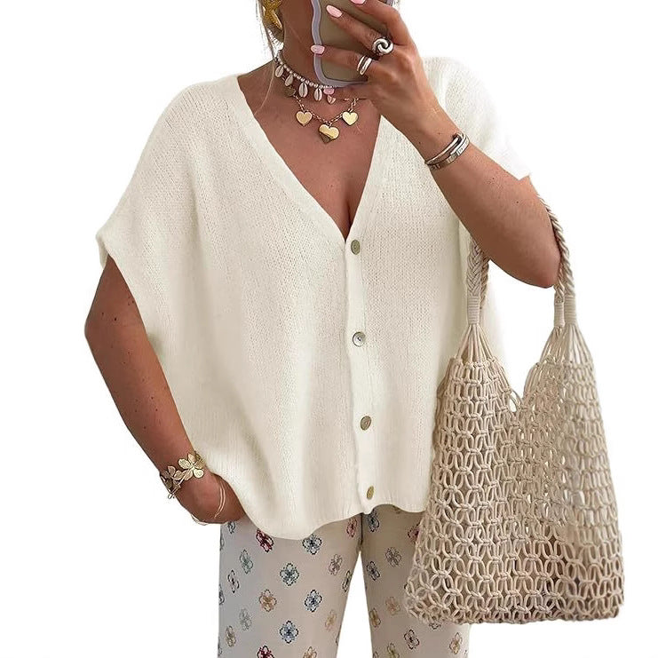 VVZ Lightweight, Short-Sleeve Batwing Knit Top with Button-Front V-Neck