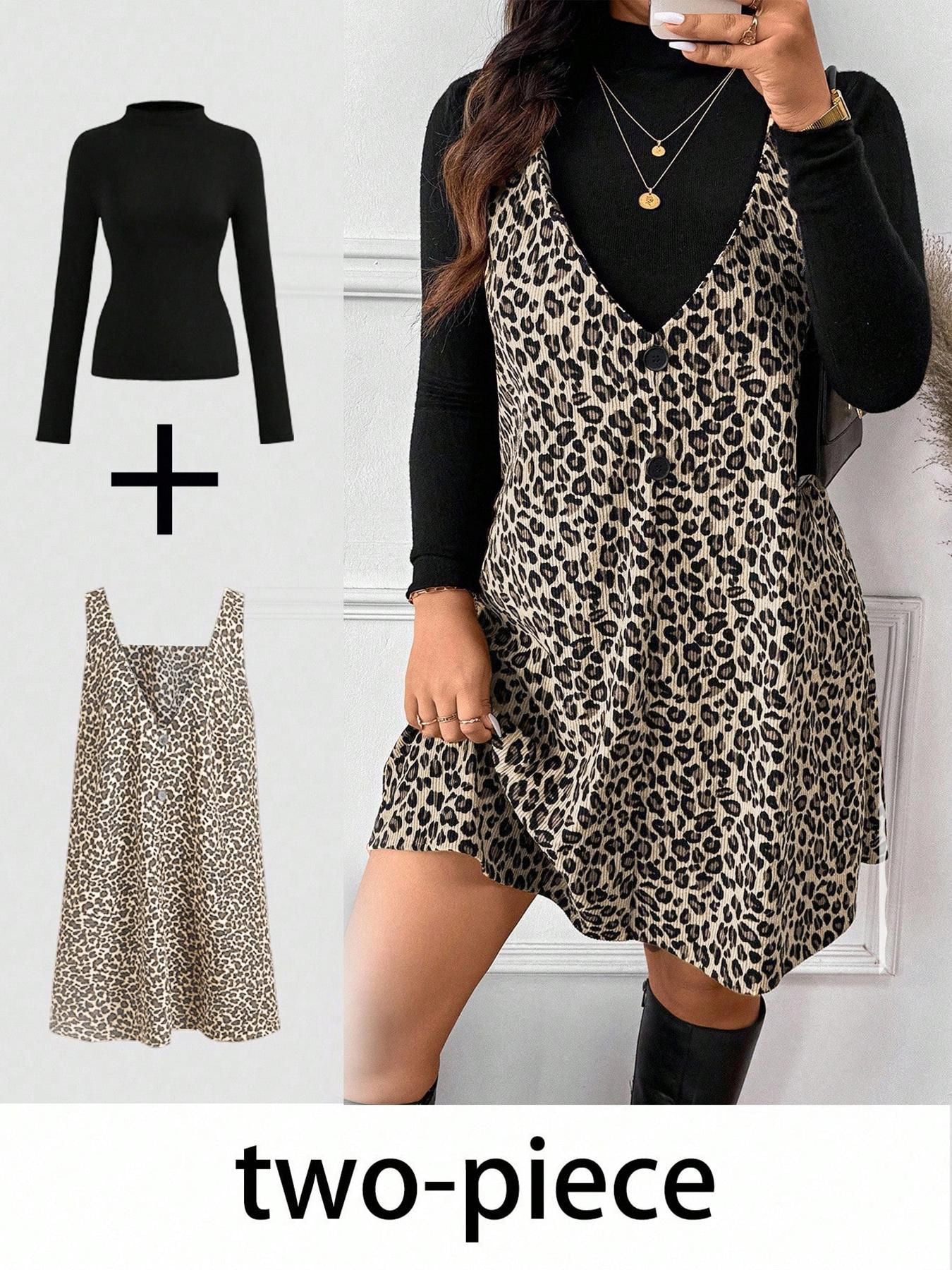 VVZ High Neck Base Layer & Leopard Pinafore Dress Set