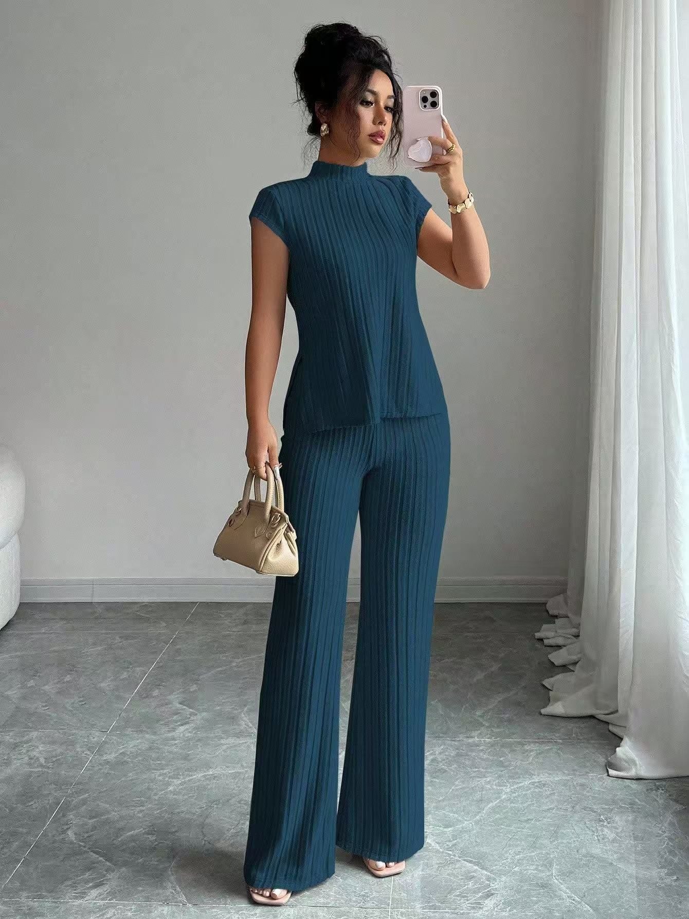 VVZ Soft Ribbed Knit Short Sleeve Top & Flare Trousers