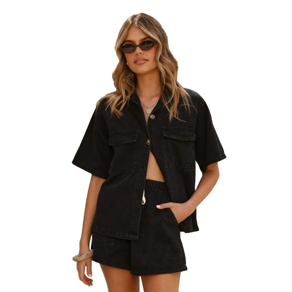 VVZ Women's Summer Denim Shirt and Shorts Two-Piece Set