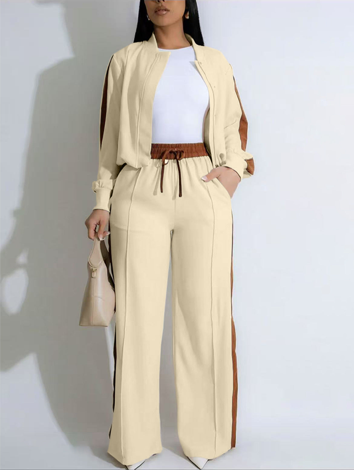 VVZ Two-piece Set Women's Patchwork Top & Wide Leg Pants Set