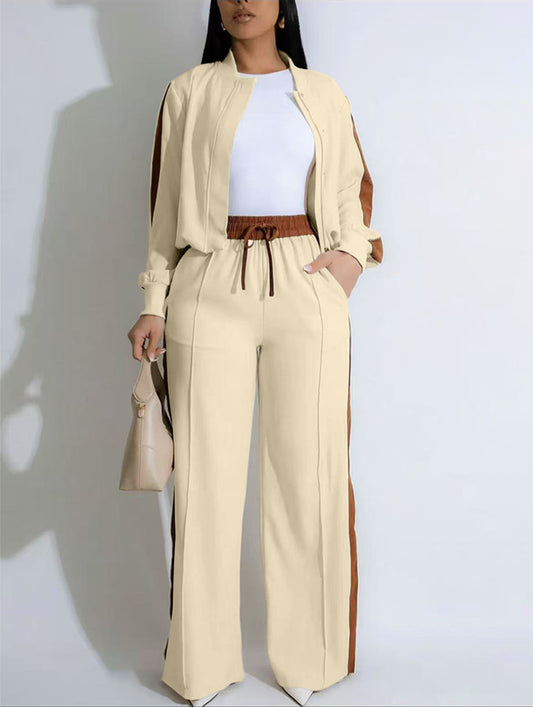 VVZ Two-piece Set Women's Patchwork Top & Wide Leg Pants Set