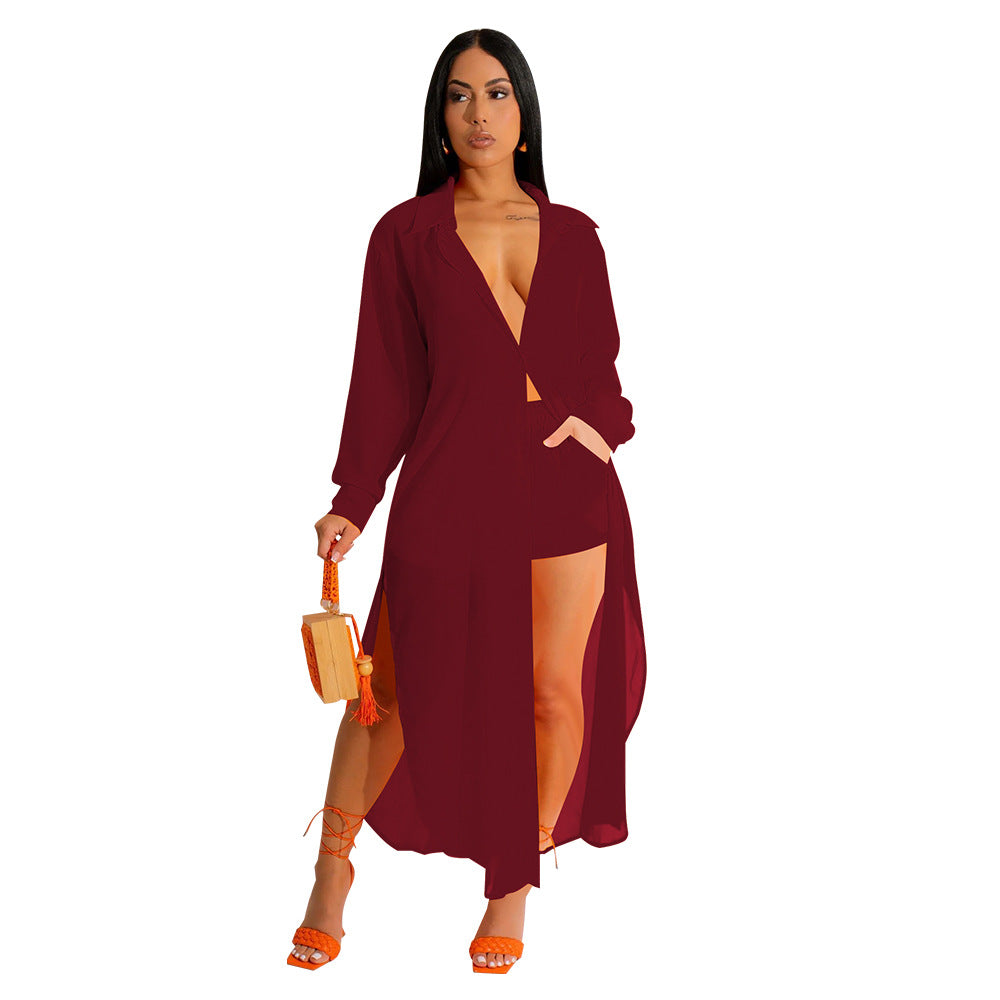 VVZ Women's Solid Color Button Front Shirt & Shorts Two-Piece Set