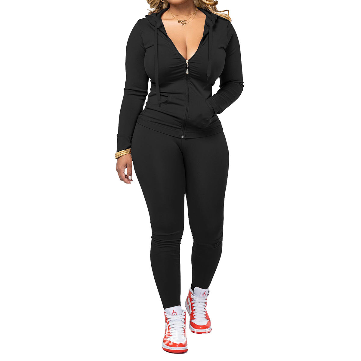 VVZ Women Casual Zip Up Hoodie & Fitness Yoga Jogger Set