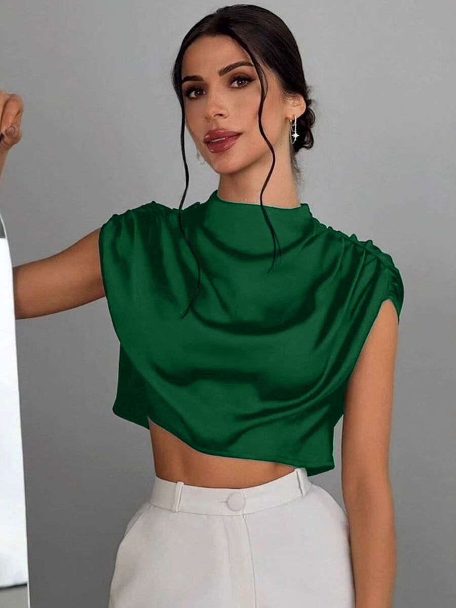 VVZ Women's Solid-Color Satin Cropped Shirt