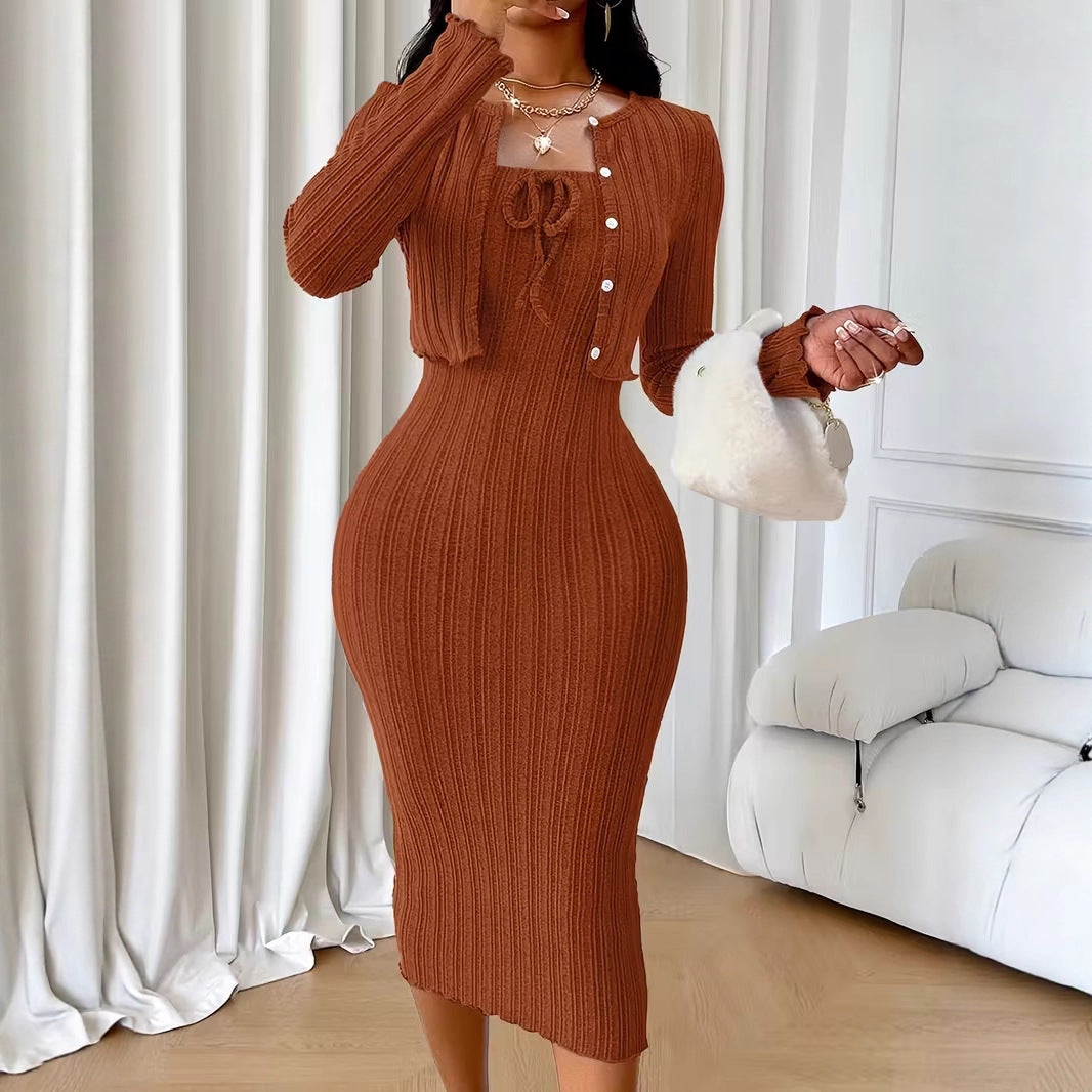VVZ Women's Solid Button Front Crop Top & Ribbed Bodycon Dress Set