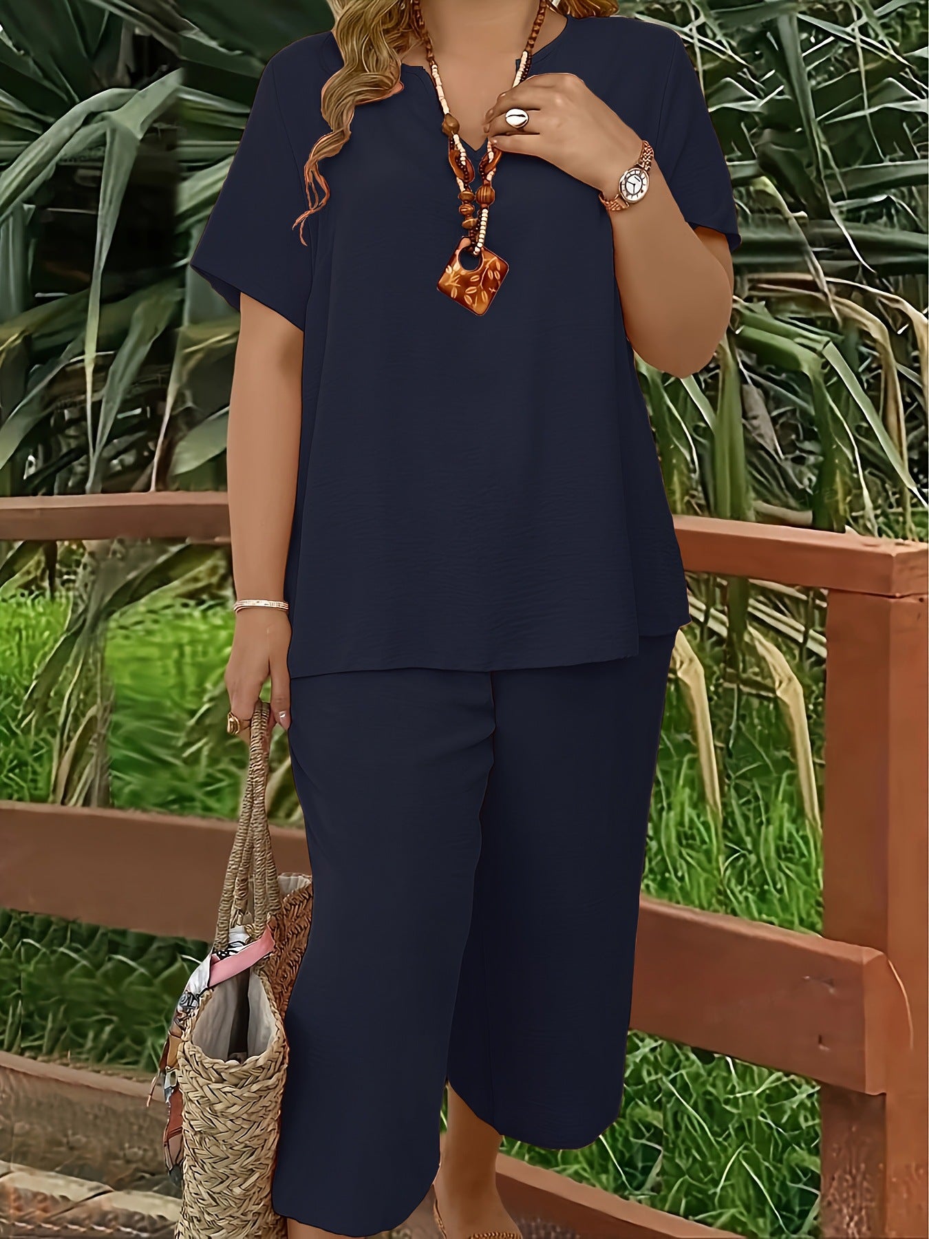 VVZ Elegant Plus-Size Women's Set: Solid-Color Short-Sleeve Fashion Top & Casual Wide-Leg Pants