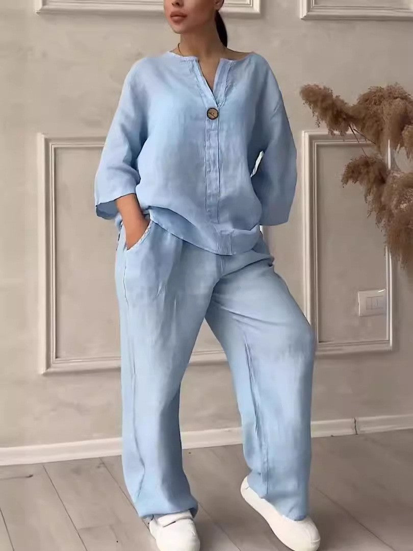 VVZ Plus-Size Women's Two-Piece Set: Casual, Breathable Long-Sleeve Shirt & Loose-Fit Trousers