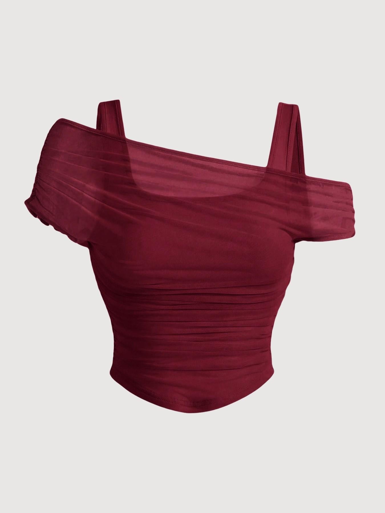 VVZ Women's Asymmetrical Neckline Ruched Cropped Top