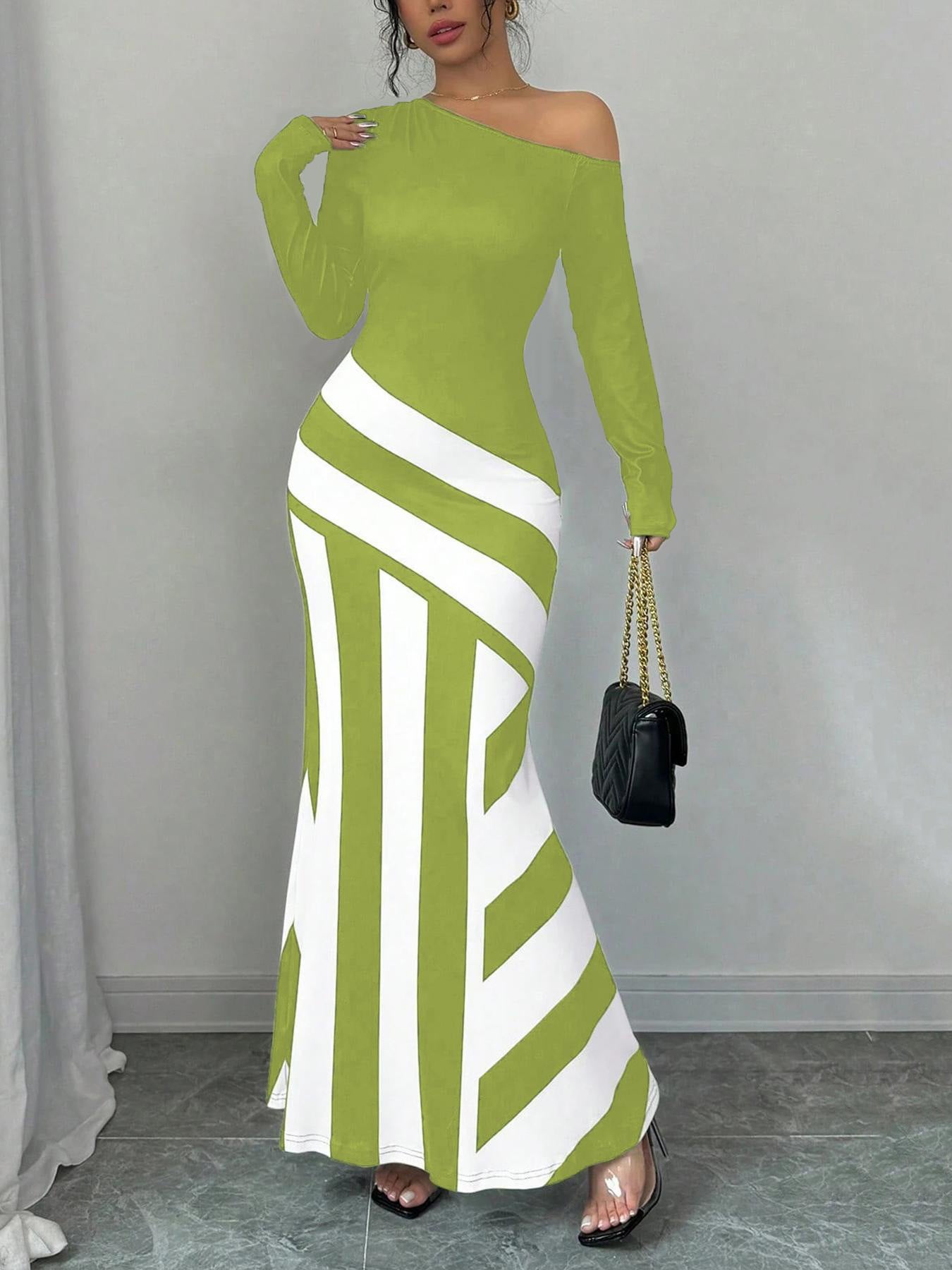 VVZ Women's Colorblock Striped Print Asymmetrical Neck Mermaid Dress