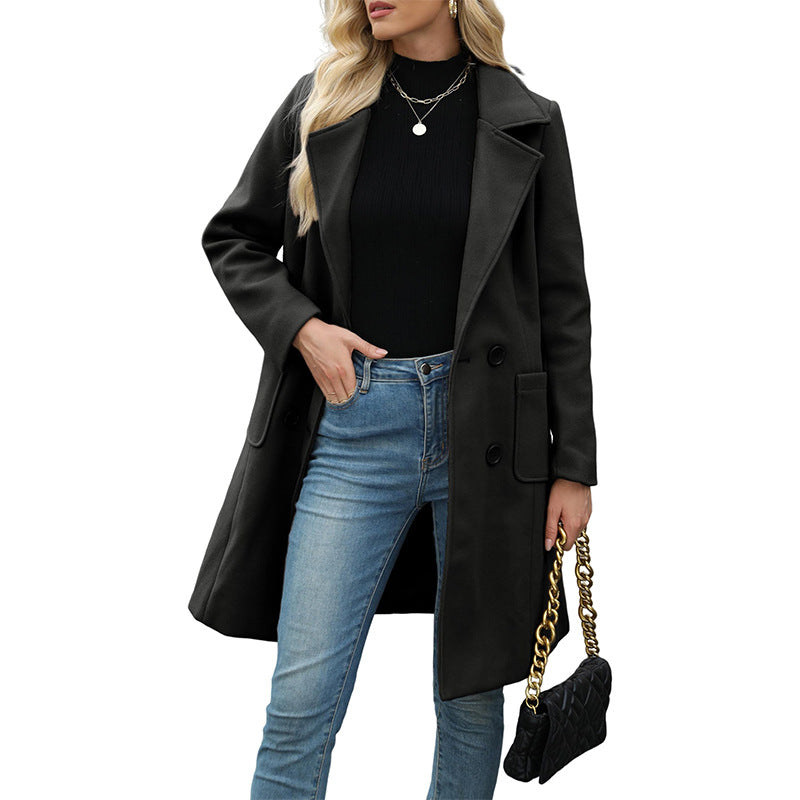 VVZ Women Winter  Camel Mid-Long Coat Notch Double-Breasted Lapel Jacket Outwear