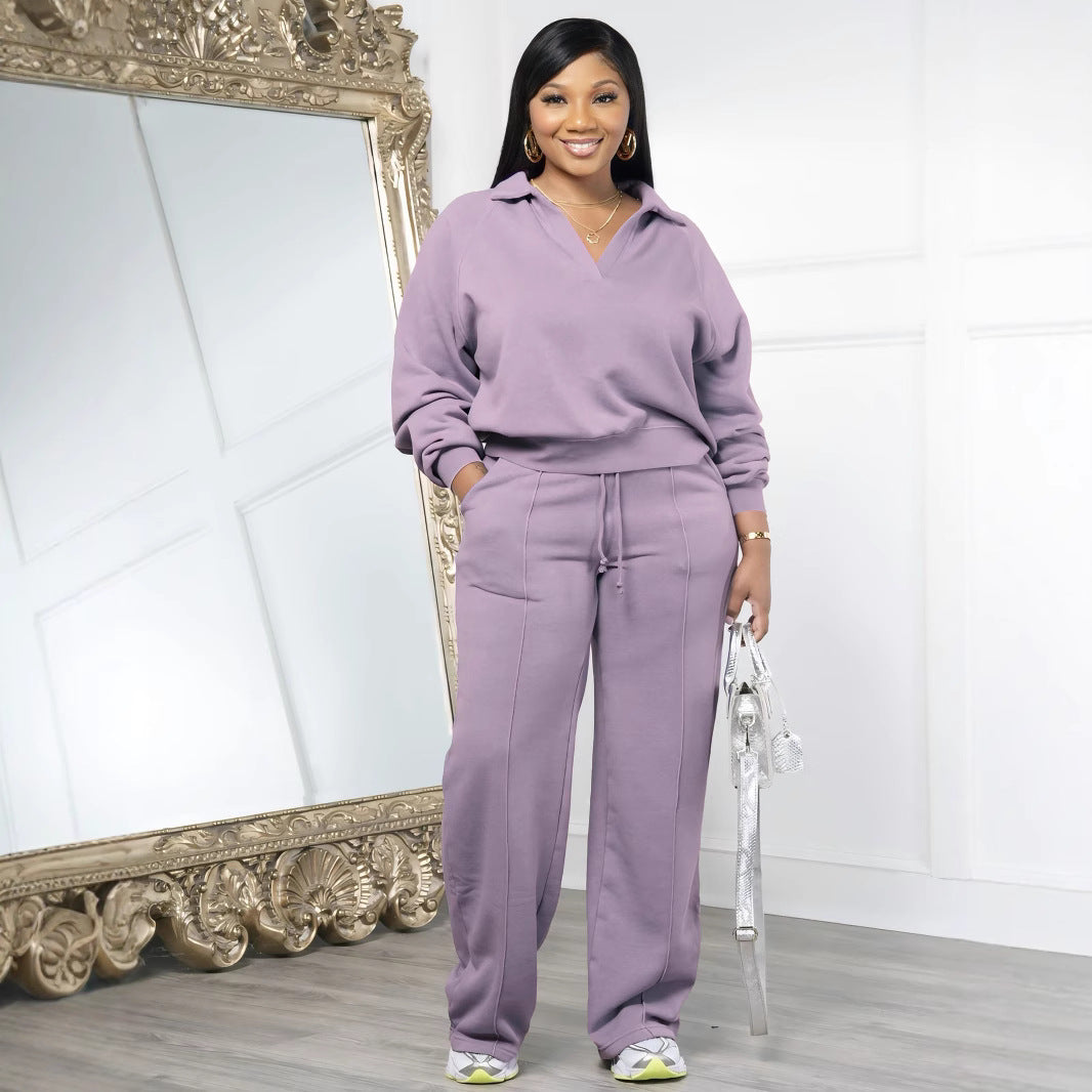 VVZ Women's Solid Long Sleeve Sweatshirt & Drawstring Waist Pants Set