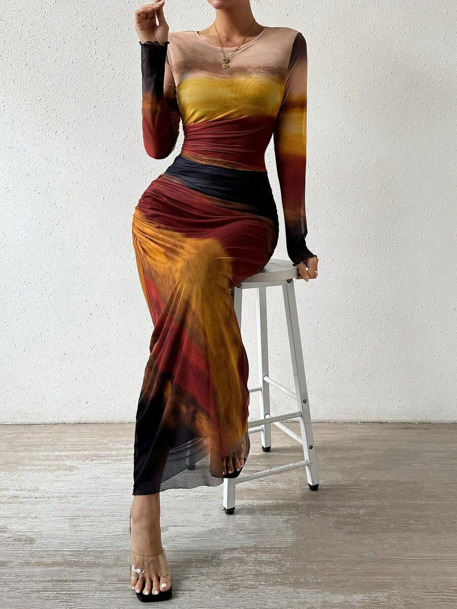 VVZ Sexy Mesh-Print Ruched Bodycon Dress with Round Neckline