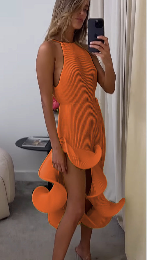 VVZ Irregular Ruffle, Sleeveless, Tie-Waist, Slim-Fit Dress