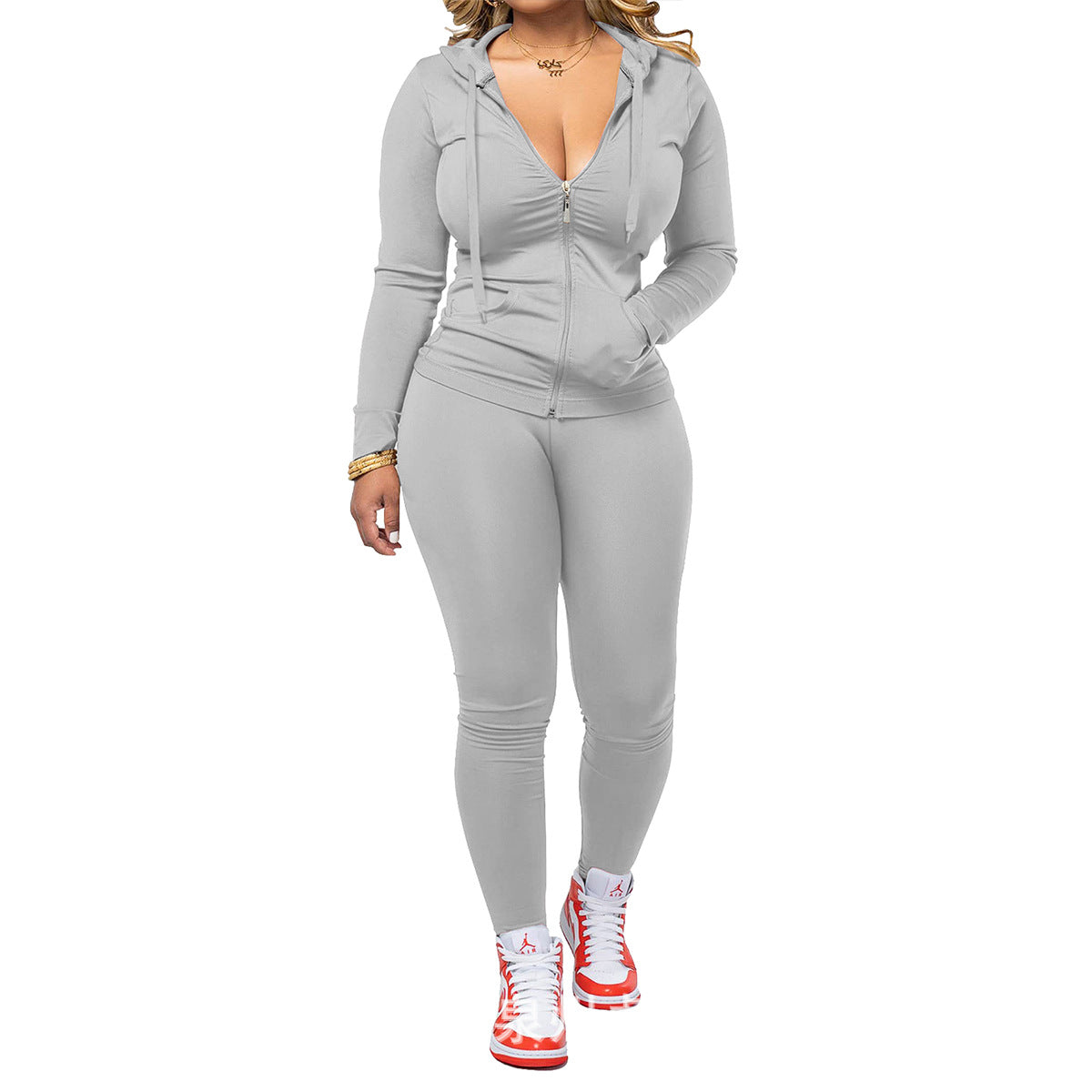 VVZ Women Casual Zip Up Hoodie & Fitness Yoga Jogger Set