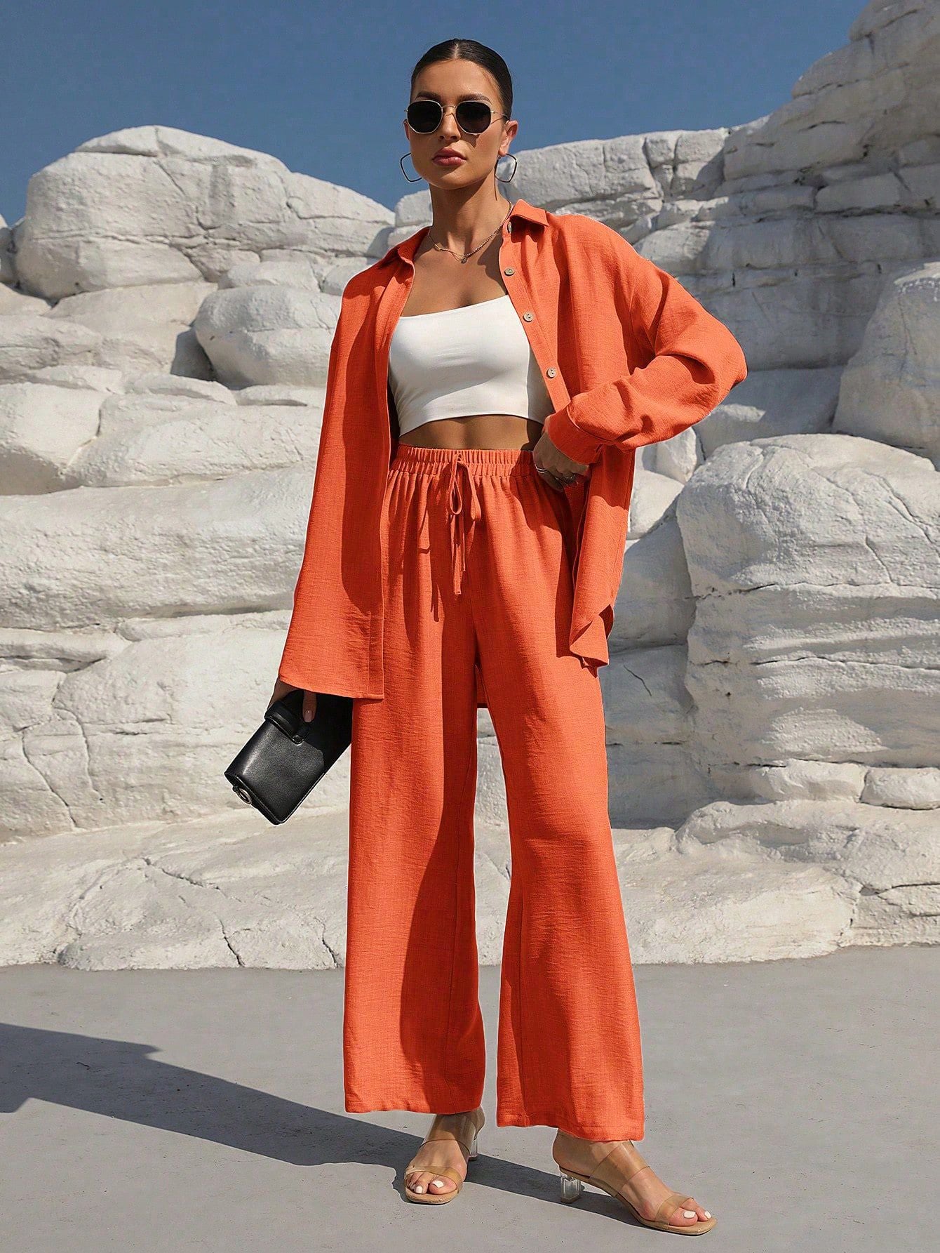 VVZ Women's Solid Button Front Shirt & Tie Front Wide Leg Pants Two-piece Set