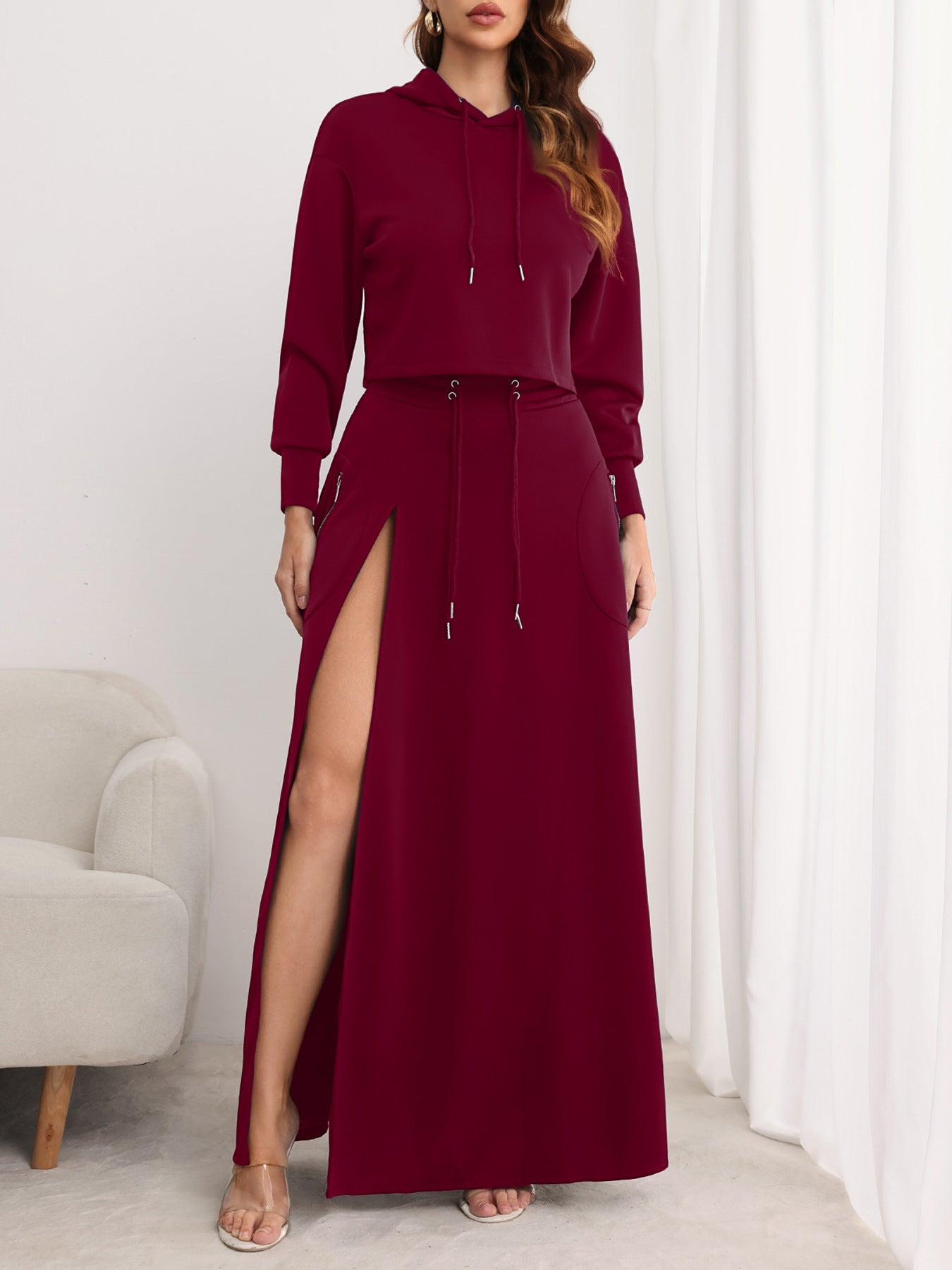 VVZ Women's Solid Drawstring Hoodie & Split Thigh Skirt Set