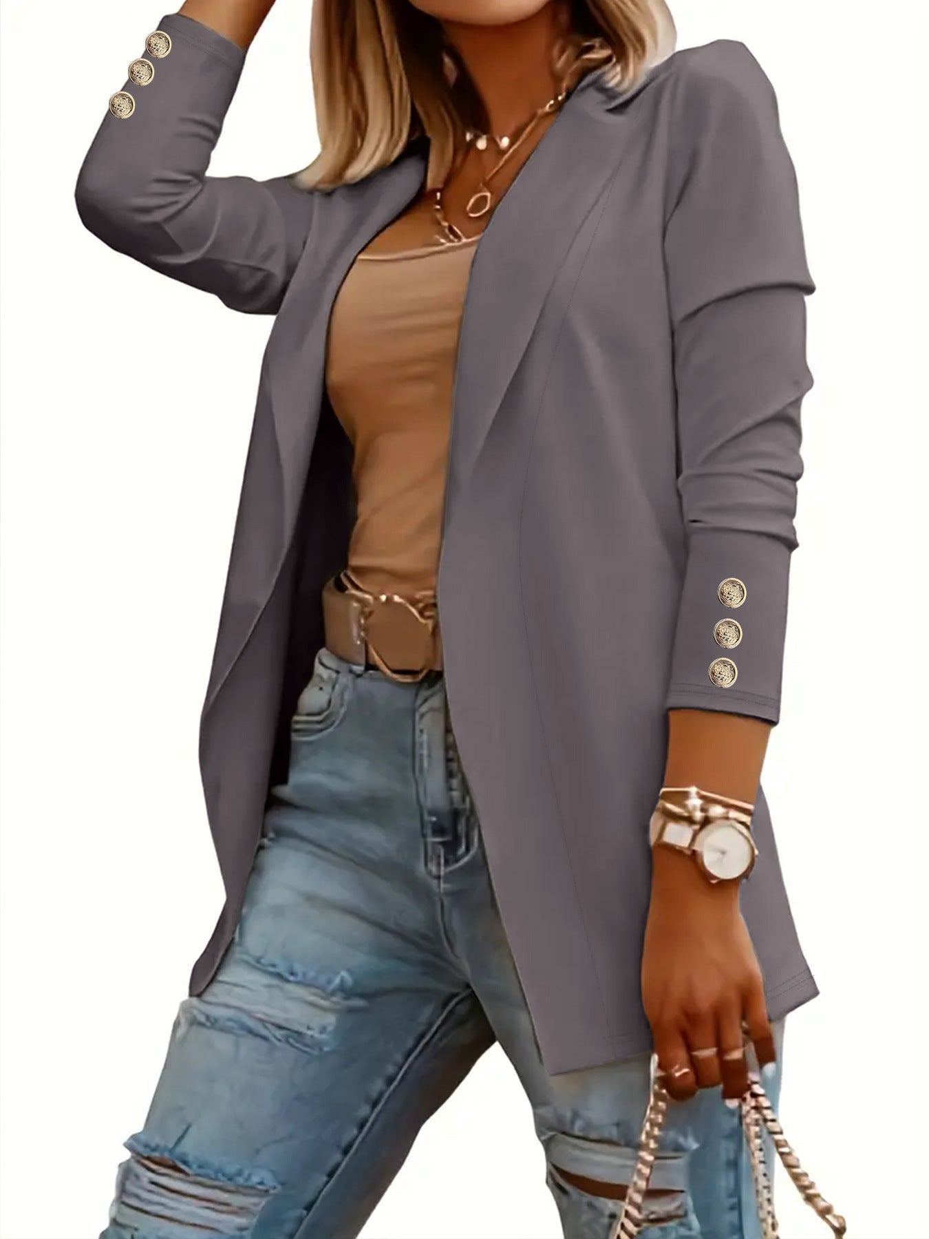 VVZ Women's Solid Button Lapel Neck Open Front Fitted Blazer