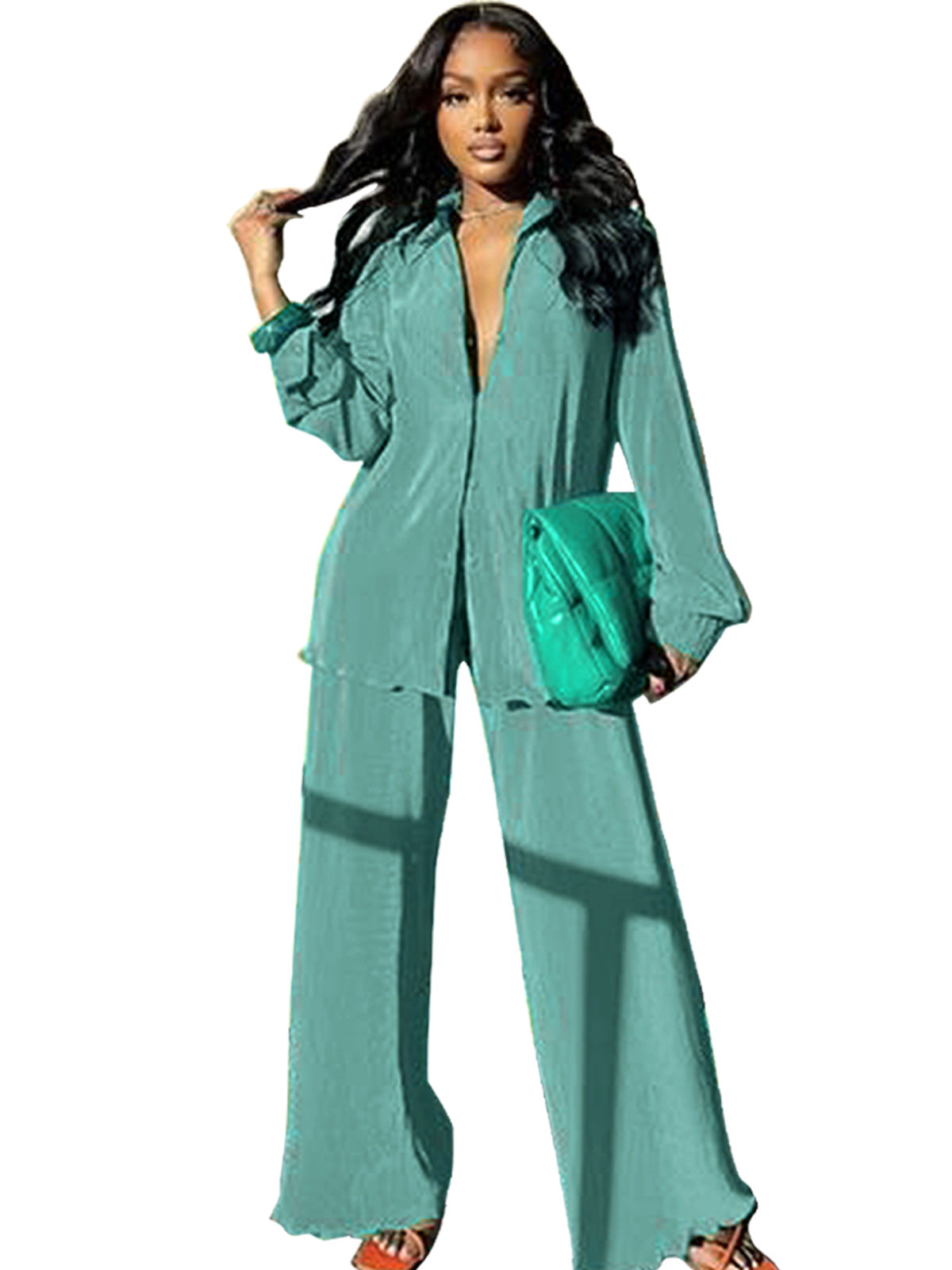VVZ Women's Solid Button Front Shirt & Elastic Waist Pants Two-piece Set