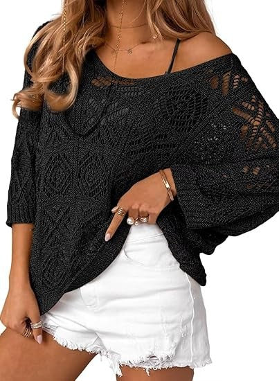 VVZ Spring/Summer Openwork Crocheted Pullover Sweater with Three-Quarter Sleeves