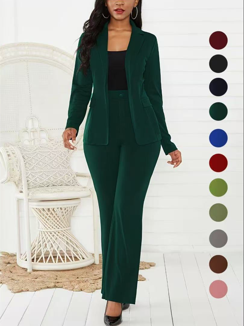 VVZ Women's Two-Piece Set Plain Button Lapel Blazer & Suit Pants