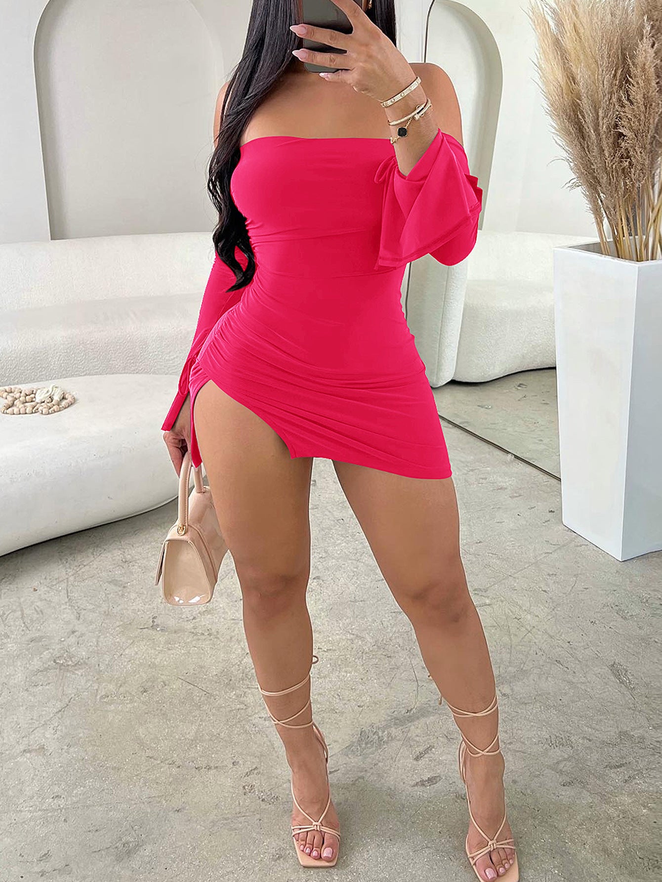 VVZ Women's Solid-Color Off-Shoulder Slim-Fit Dress with Slit Hem