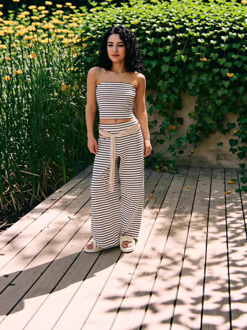 VVZ Women's Striped Print Crop Tube Top & Wide Leg Pants Set