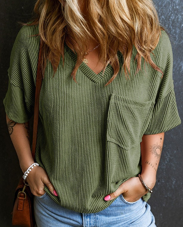 VVZ Women's Plain Textured Pocket V Neck Tee