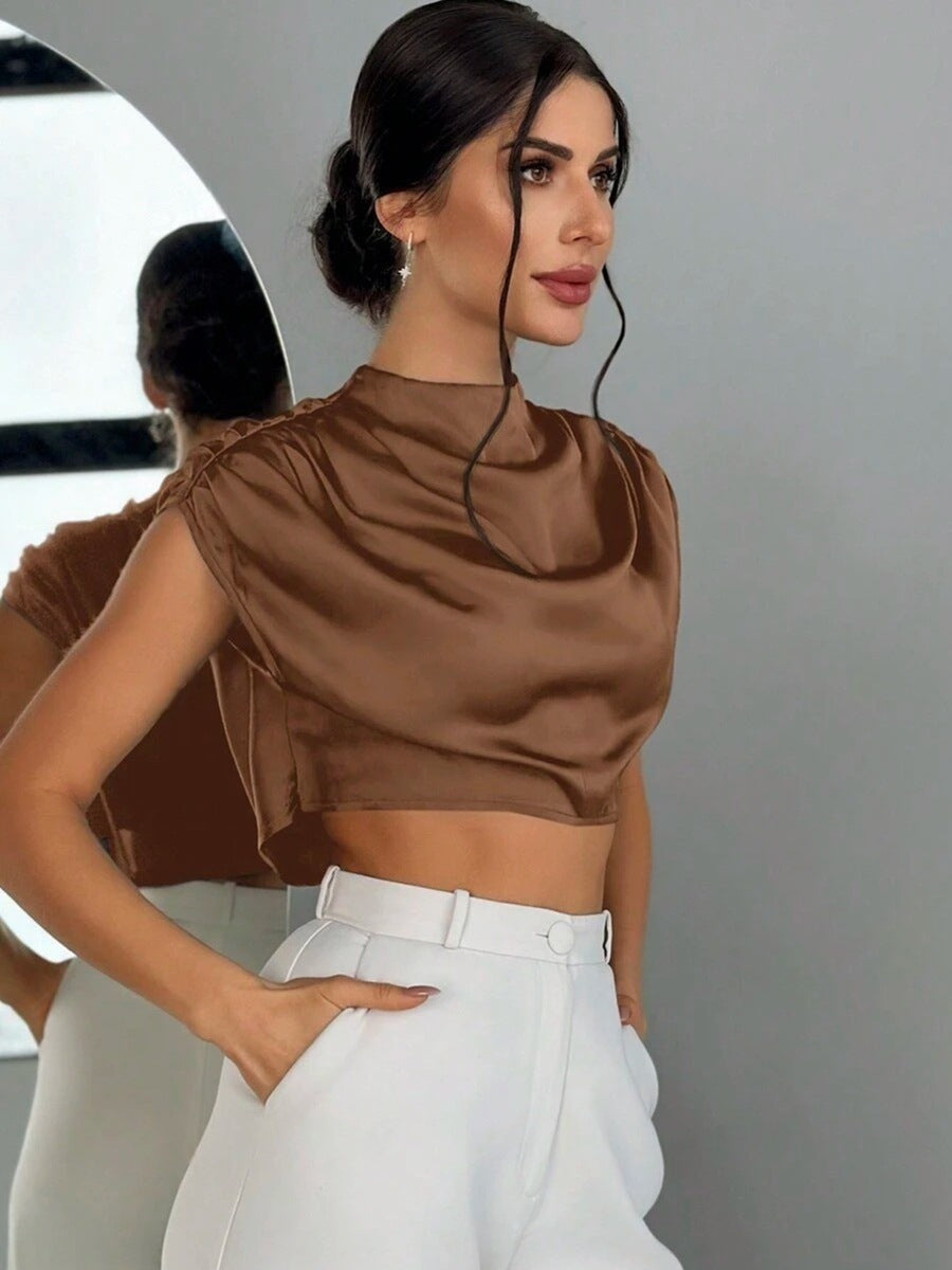 VVZ Women's Solid-Color Satin Cropped Shirt