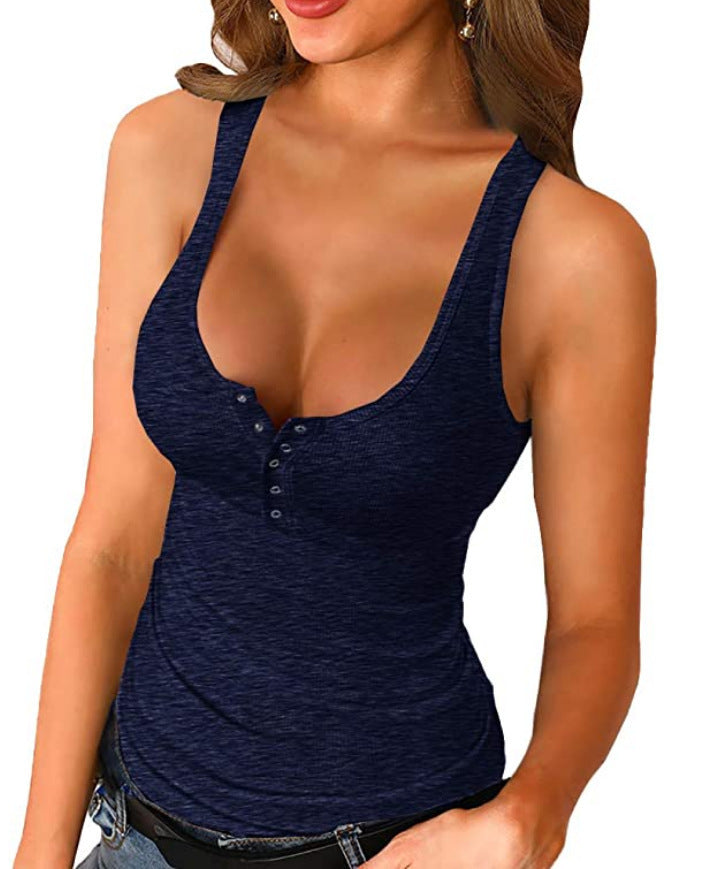 VVZ Women's Summer Ribbed Tank Top, Round Neck, Button-Down, Sleeveless, Waist-cinching Top