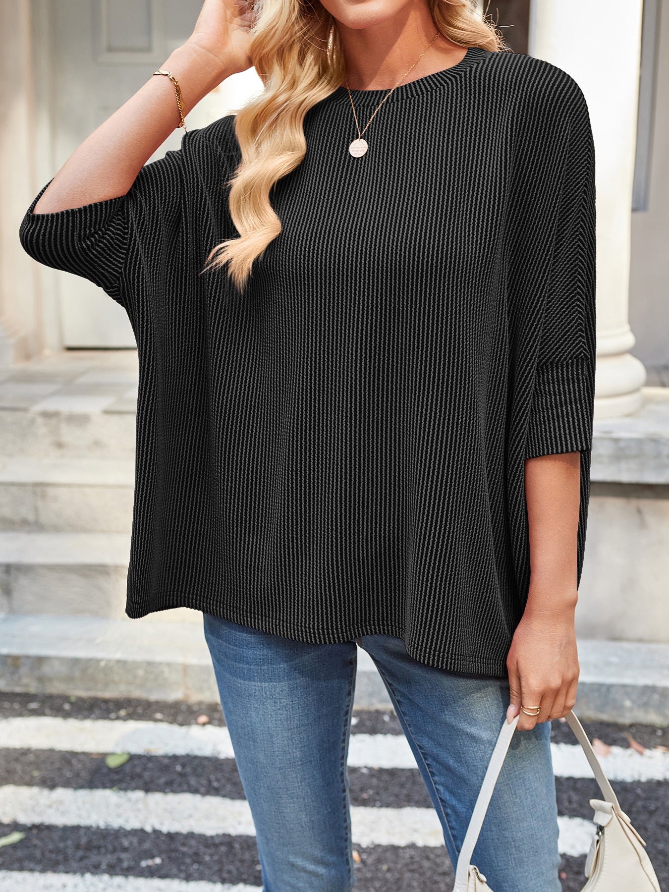 VVZ Ribbed round neck oversized batwing sleeve top