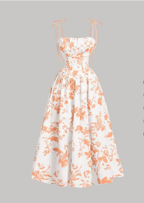 VVZ Women's Slim-Fit Floral Print Strappy Dress with Tie Detail