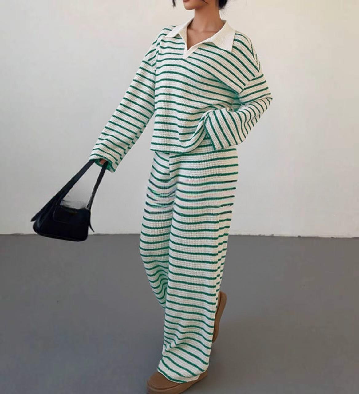 VVZ Women's Casual Color Matching Stripe Long Sleeve Top & Wide Leg Trousers Co-ord