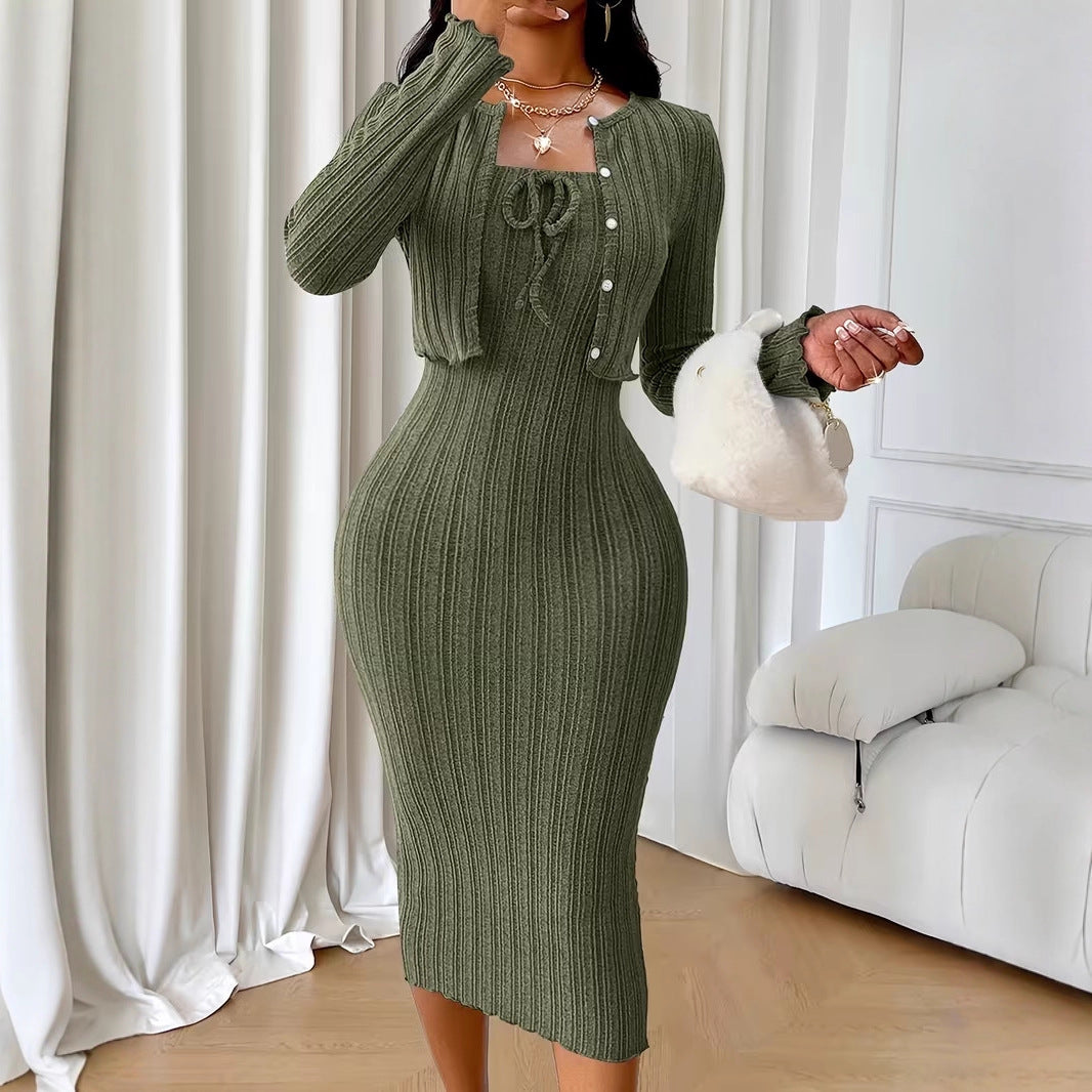 VVZ Women's Solid Button Front Crop Top & Ribbed Bodycon Dress Set