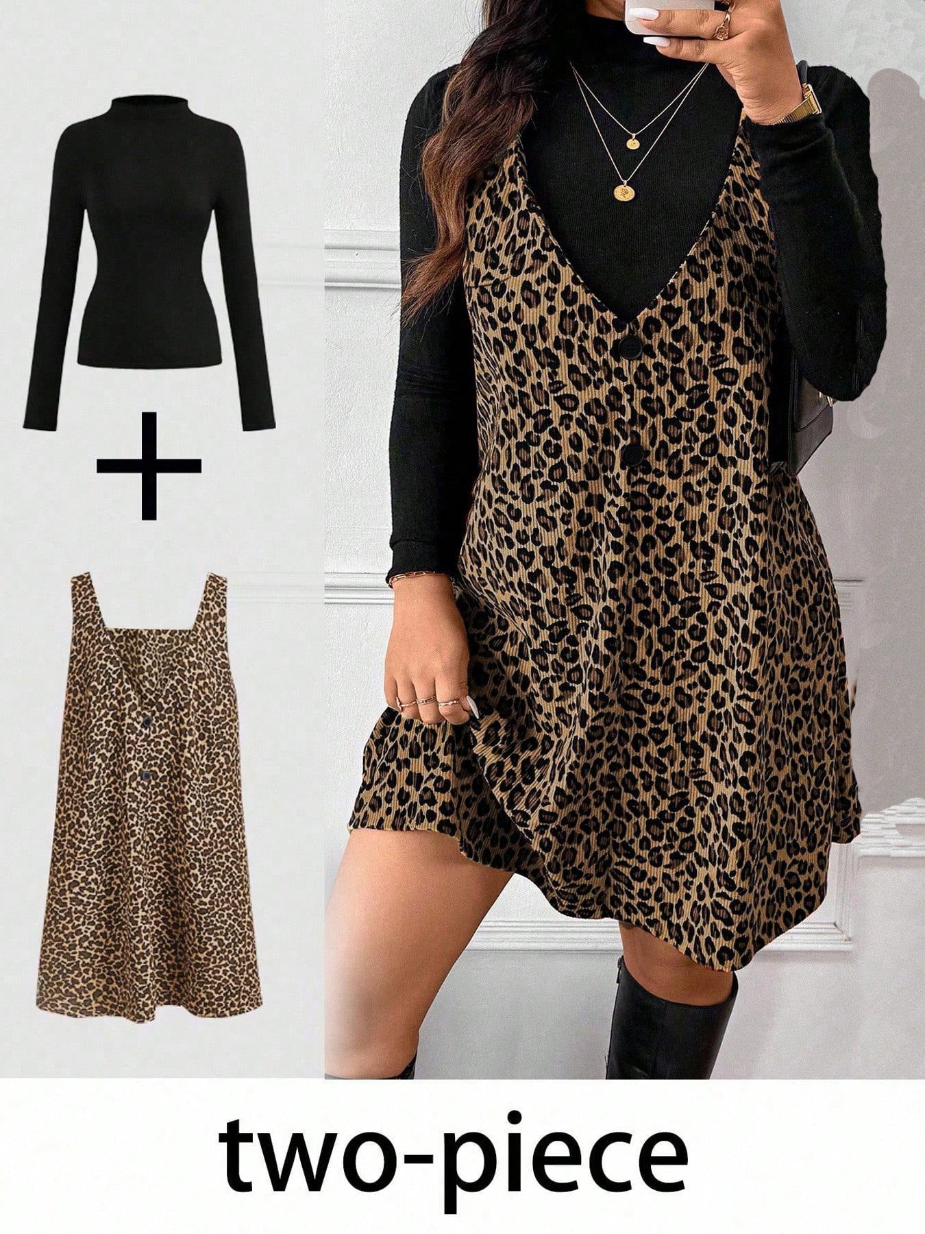 VVZ High Neck Base Layer & Leopard Pinafore Dress Set