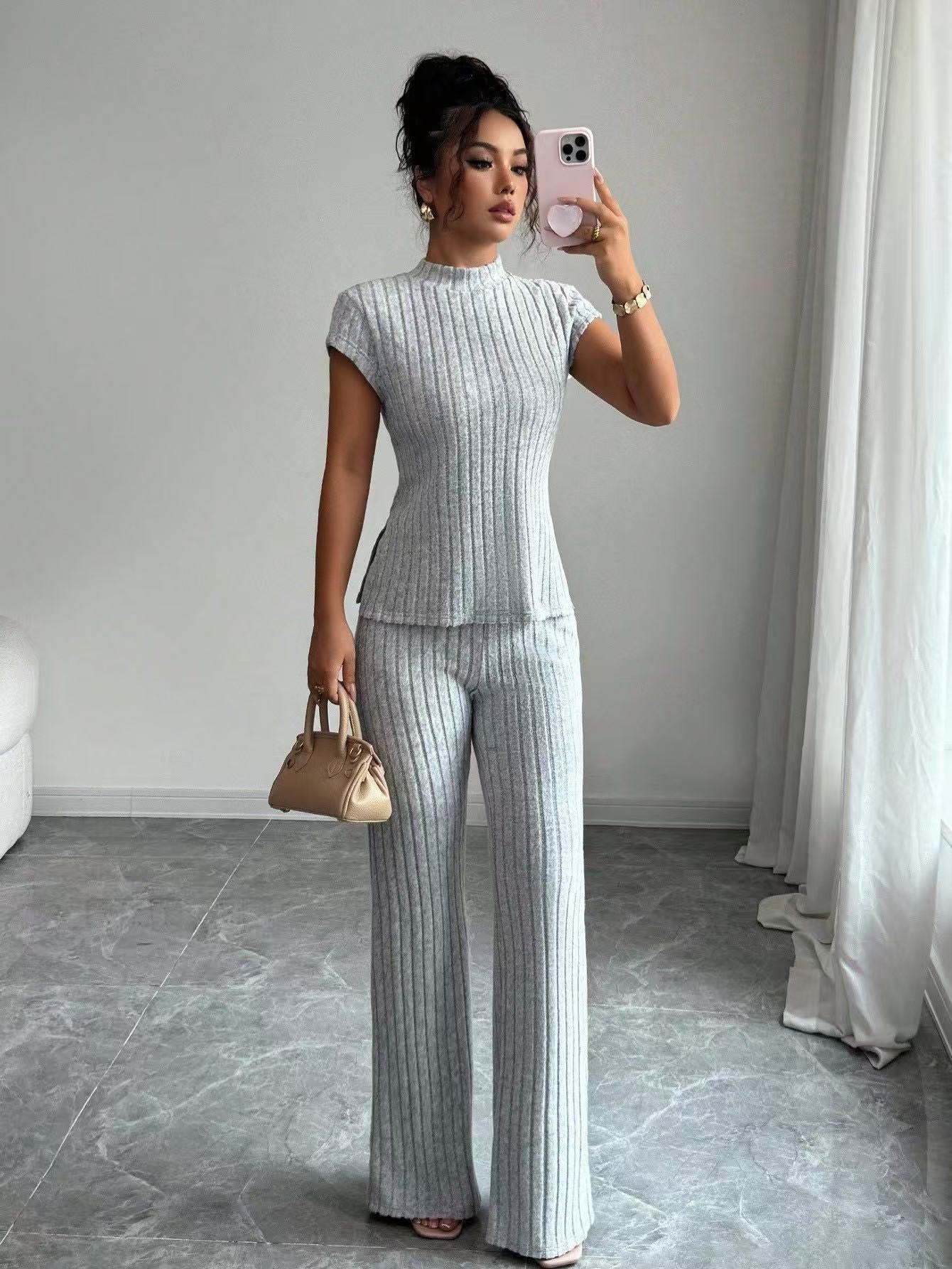 VVZ Soft Ribbed Knit Short Sleeve Top & Flare Trousers