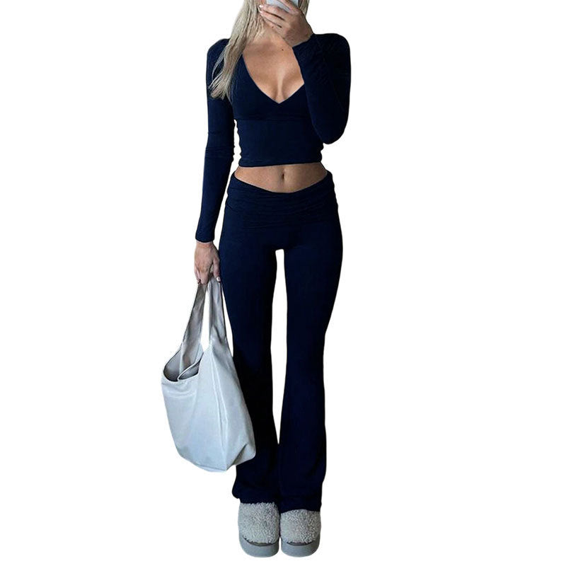 VVZ Slim-Fit Crop Top & Pants Two-Piece Set, Solid Color V-Neck Long Sleeve