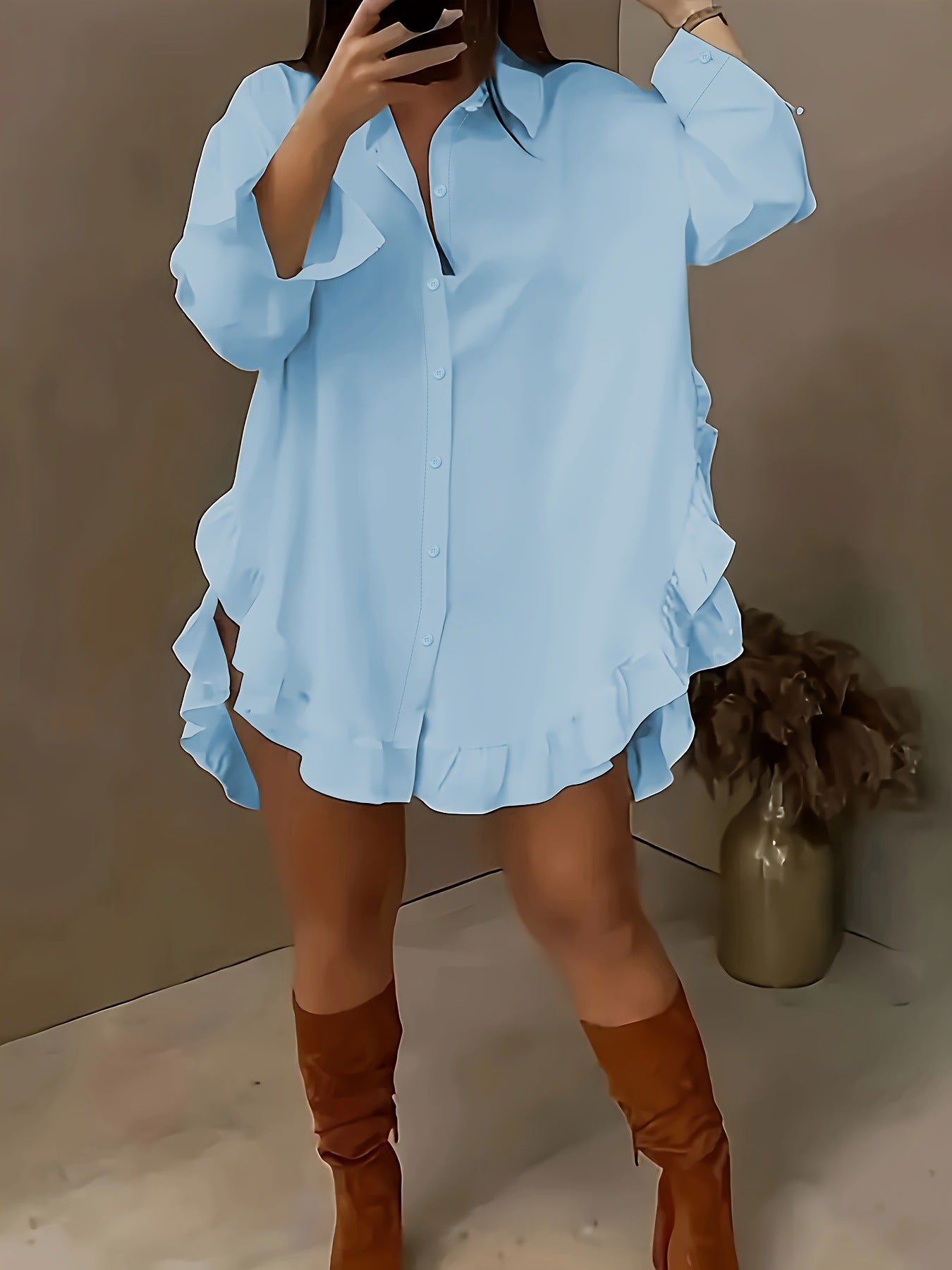 VVZ Women's Plain Ruffle Trim Button Front Blouse
