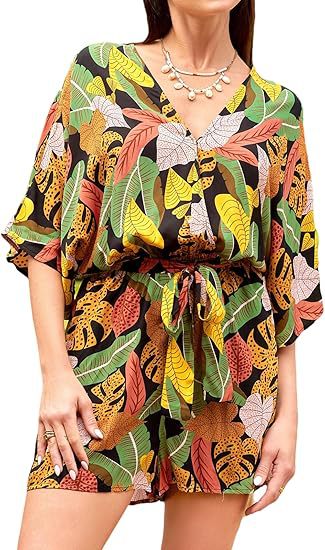 VVZ Women's All-Over Print V-Neck Wide-Leg Romper with Tie Waist