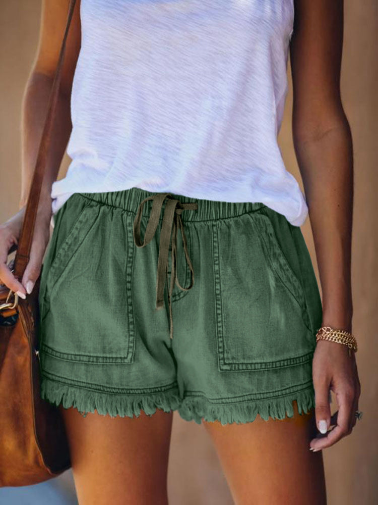 VVZ Women's Plain Drawstring Waist Denim Shorts