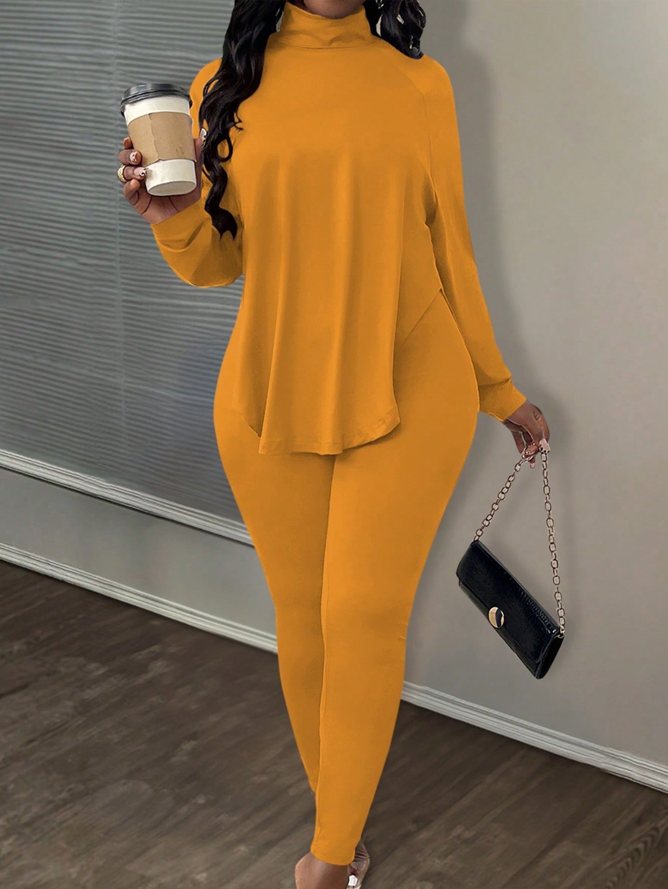 VVZ Women's solid color raglan sleeve top and slim-fit trousers two-piece set